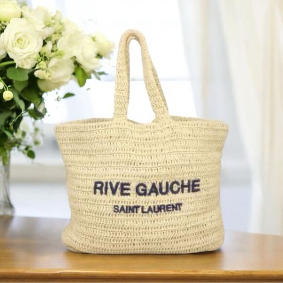 NWT YSL Rive Gauche Embroidered Rafia Tote Bag - Picture 1 of 12